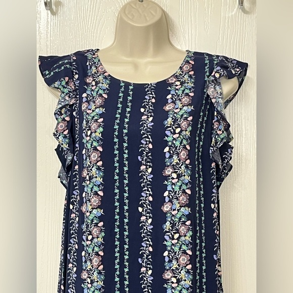 Old Navy Dark Blue Ruffle Shoulder Dress with Pastel Floral Size Small - Picture 4 of 12